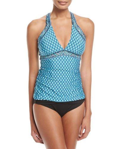Printed Crisscross Tankini Swim Top, Blue/multi
