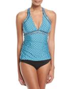 Printed Crisscross Tankini Swim Top, Blue/multi