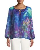 Floral Pleated Long-sleeve Blouse