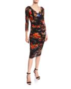 Butterfly V-neck 3/4-sleeve Ruched Fitted Dress