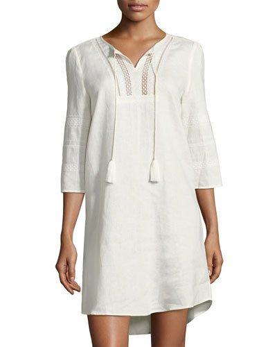 Embroidered-neck Linen Tunic Dress, Ivory