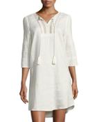 Embroidered-neck Linen Tunic Dress, Ivory