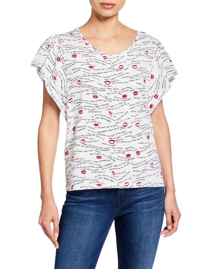 Lips Flutter-sleeve Tee, White