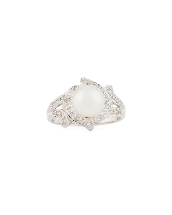 14k White Gold Filigree Diamond & Pearl Ring