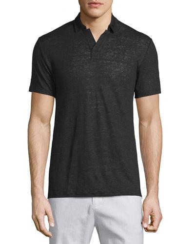 Johnny-collar Short-sleeve Linen Polo