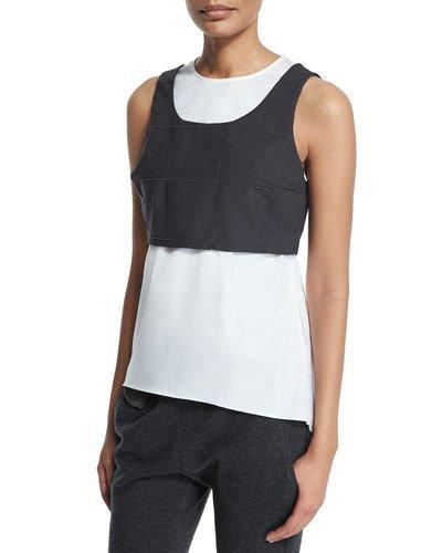 Jewel-neck Monili-trim Windowpane Vest Tank, Charcoal