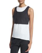 Jewel-neck Monili-trim Windowpane Vest Tank, Charcoal