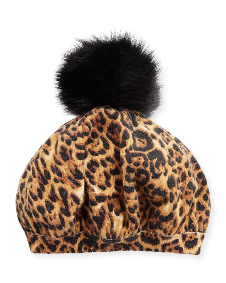 Leopard-print Cashmere Beret W/ Fur Pompom