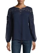 Serena Long-sleeve Lace-yoke Silk Blouse, Blue