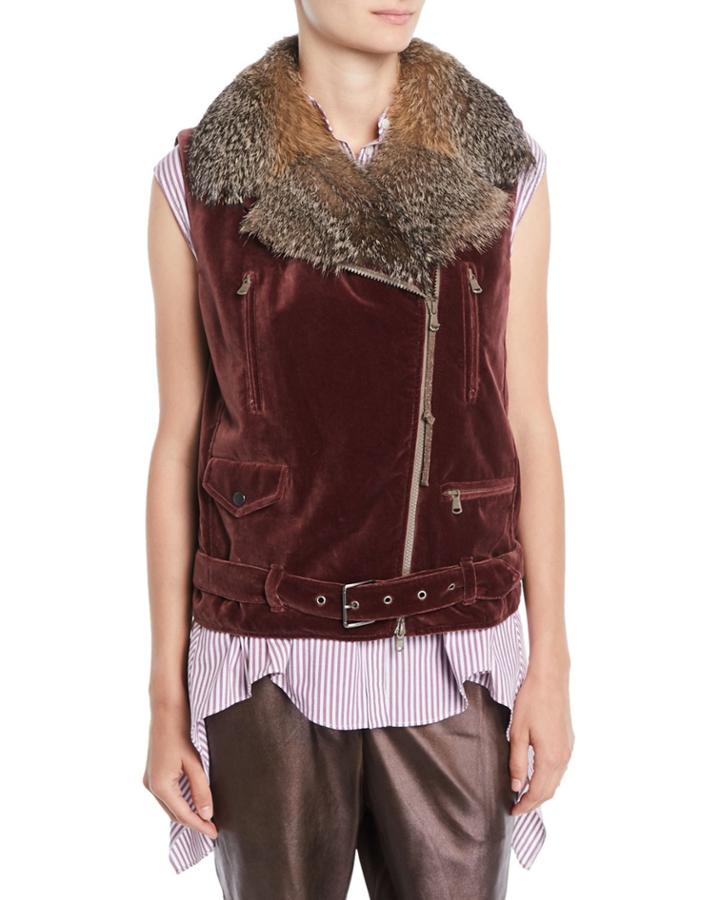Velvet Moto Vest W/ Fox Fur Collar
