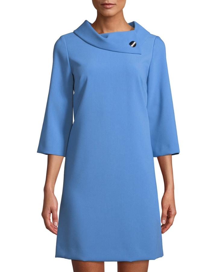 Crepe Shift Dress With Asymmetric Fold-over Collar