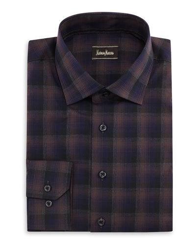 Check-print Button-front Shirt, Dark Purple