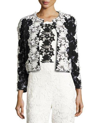 Two-tone Floral Lace Open-front Jacket, Onyx