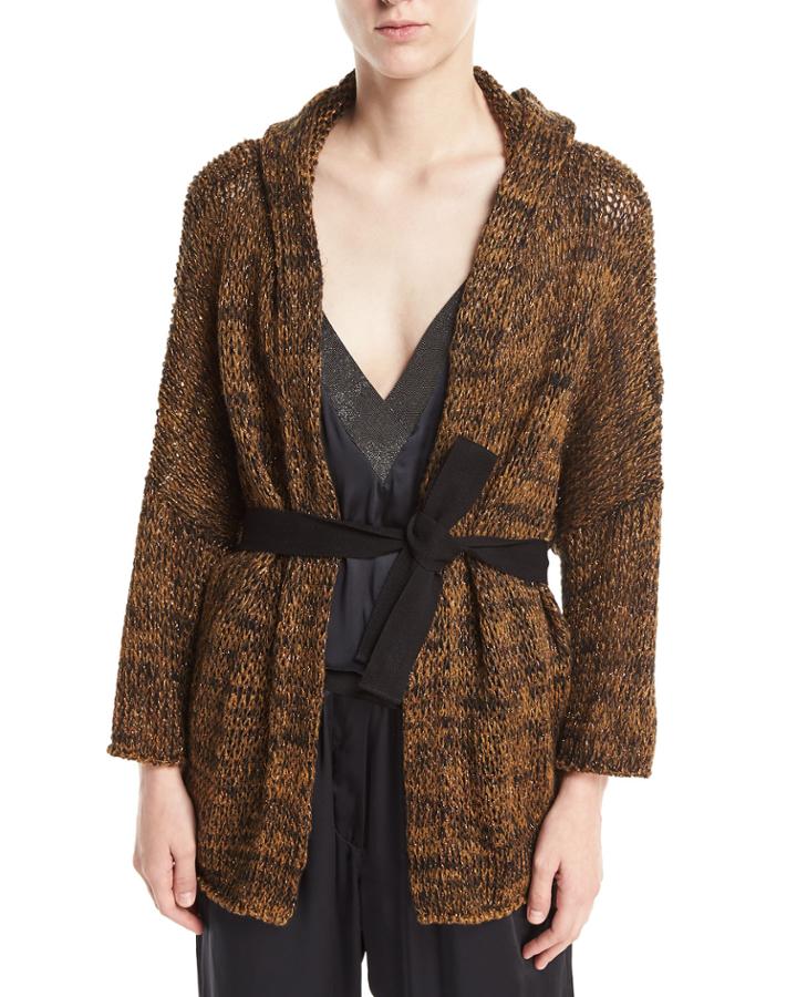 Open-front Linen-hemp Metallic Hooded Cardigan With Belt