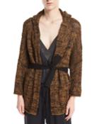 Open-front Linen-hemp Metallic Hooded Cardigan With Belt