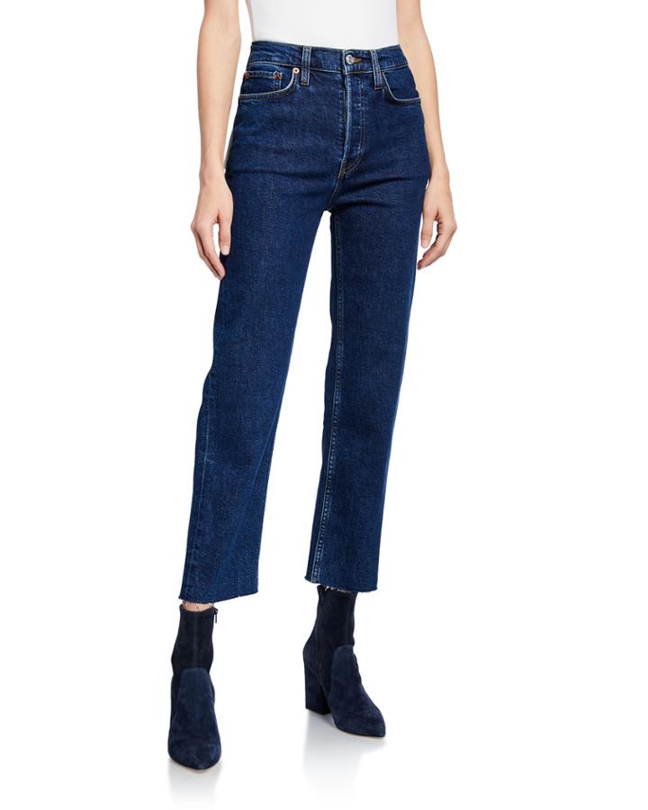 High-rise Double-needle Cropped Straight-leg Jeans