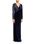 Sequin Embellished V-neck Long-sleeve Velvet Column Gown