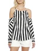 Lynnae Striped Cold-shoulder Long-sleeve Cotton Top