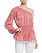 One-shoulder Long-sleeve Floral Blouse W/