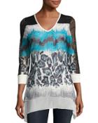 Chiffon-trim Graphic-print Top, Blue Pattern