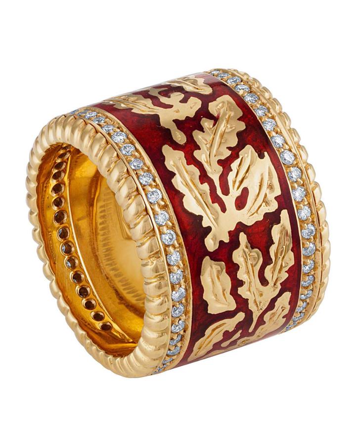 18k Enamel Cigar Band Ring W/ Diamonds, Red,