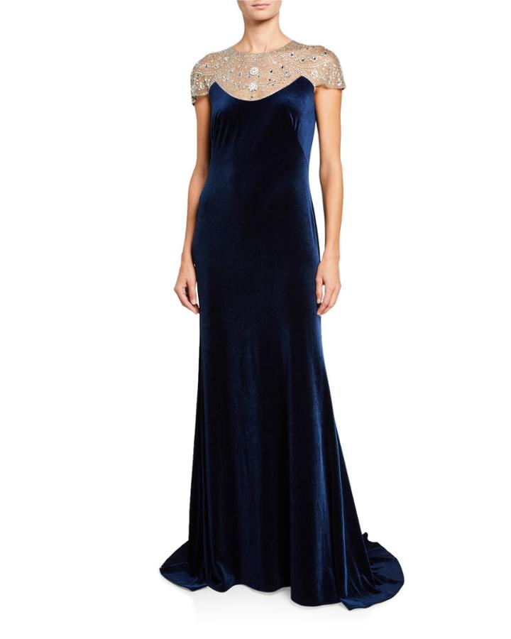 Cap Sleeve Velvet Gown W/ Bead Embellished Neck Detail