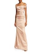 Off-the-shoulder Short-sleeve Ruched Stretch-satin Gown
