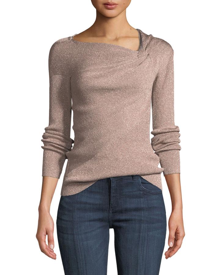 Metallic Ribbed Draped Pullover