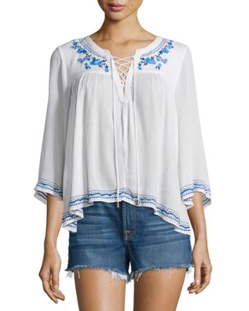 Marine Lace-up Embroidered Top, Ivory