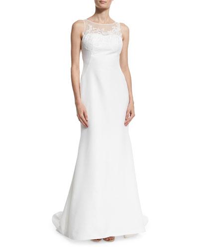 Floral-embroidered Crepe A-line Gown, White