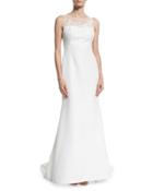 Floral-embroidered Crepe A-line Gown, White