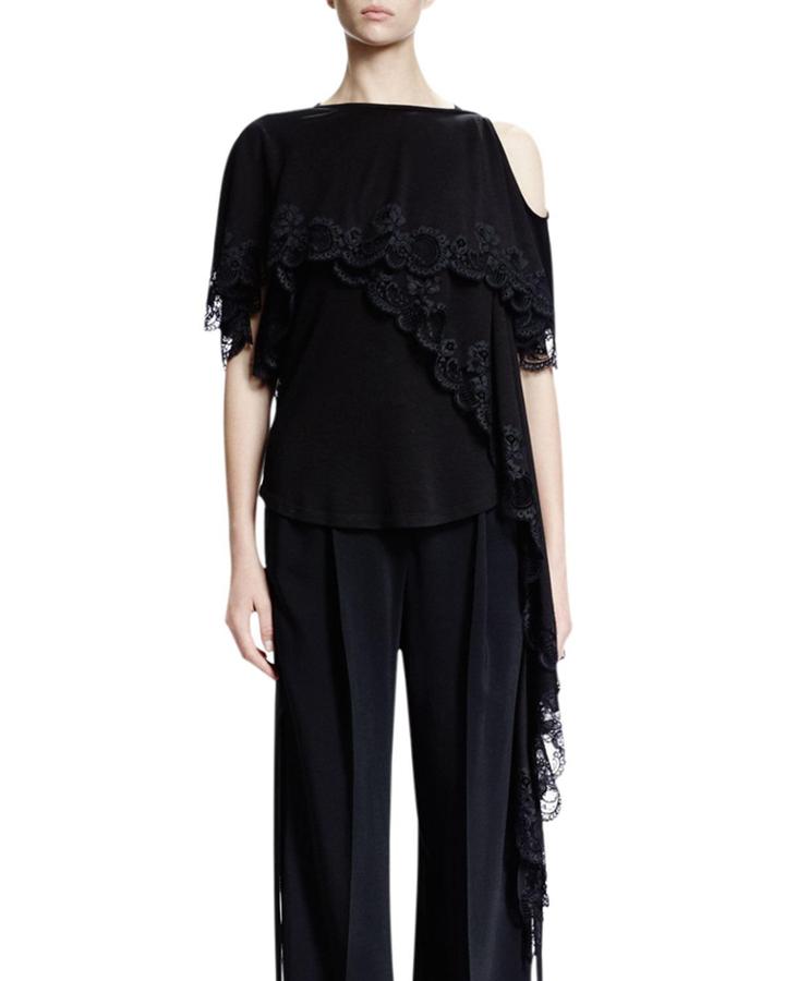 Cold-shoulder Scoop-back Lace Top, Black