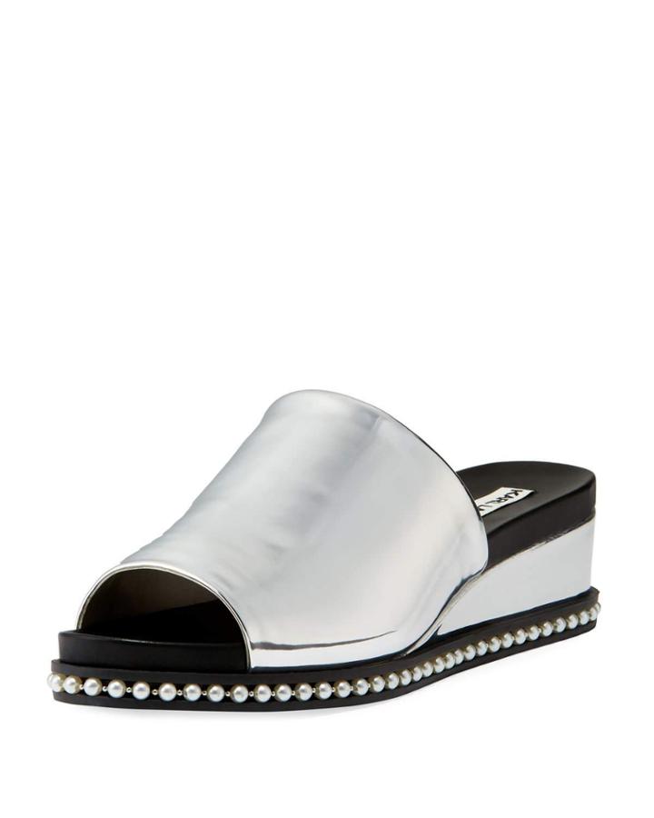 Ali Metallic Wedge Mule Sandal With Pearly Detail