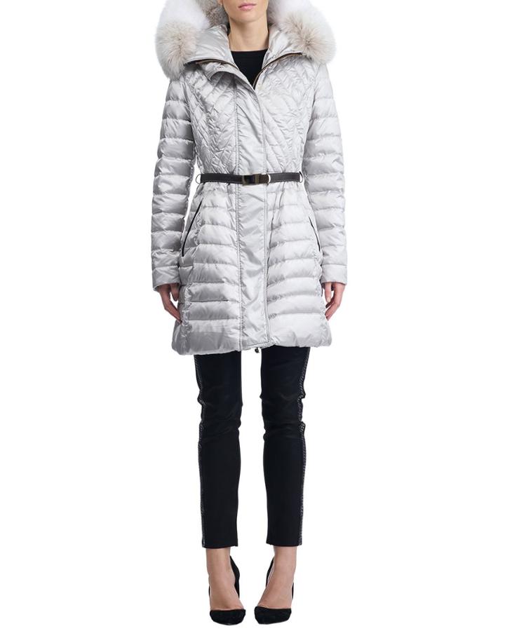 Apres-ski Belted Puffer Coat W/ Fur-trim Hood