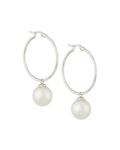 Hoop Earrings W/ 12mm Pearl Drop, White