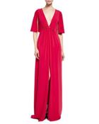 Cape-sleeve V-neck Stretch Crepe Gown