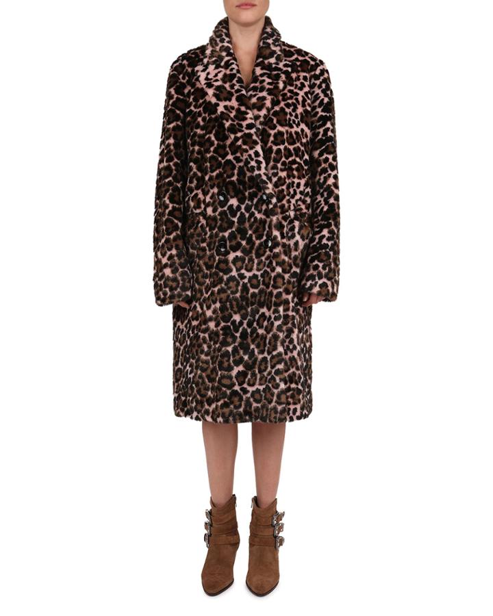 Leopard-print Faux Fur Double-breast Coat