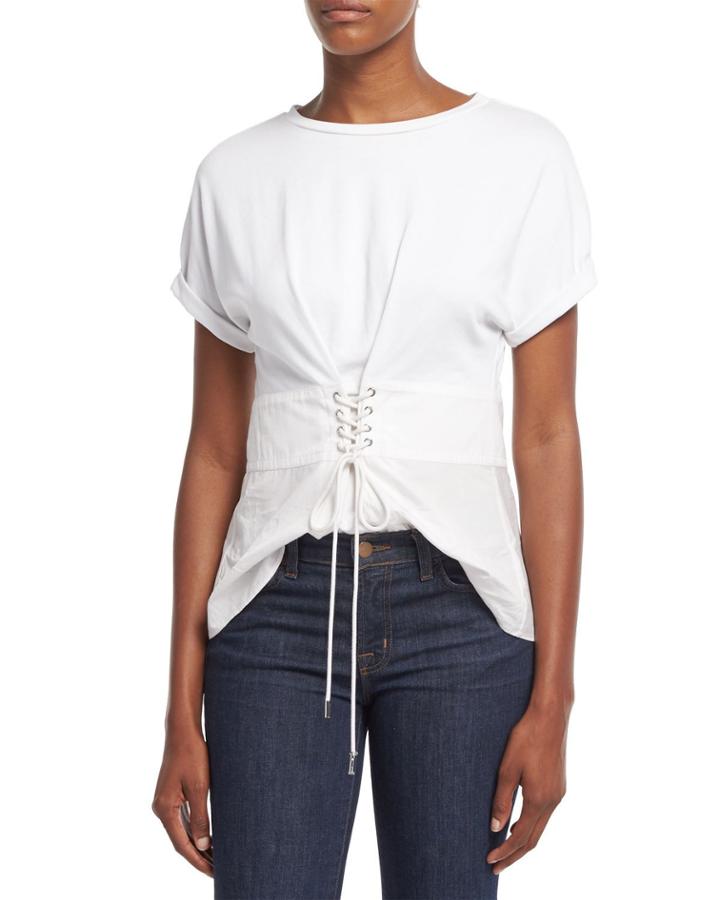 Short-sleeve W/ Corset Waist Top, White