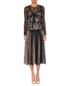 Long-sleeve Round-neck Allover Lace Dress W/ Bow Detail & Contrast