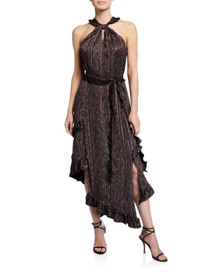Floral-print Asymmetrical Ruffle Halter Dress