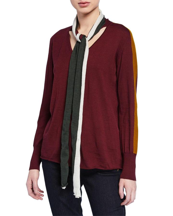 Wool Ribbed Side Stripe Tie-neck
