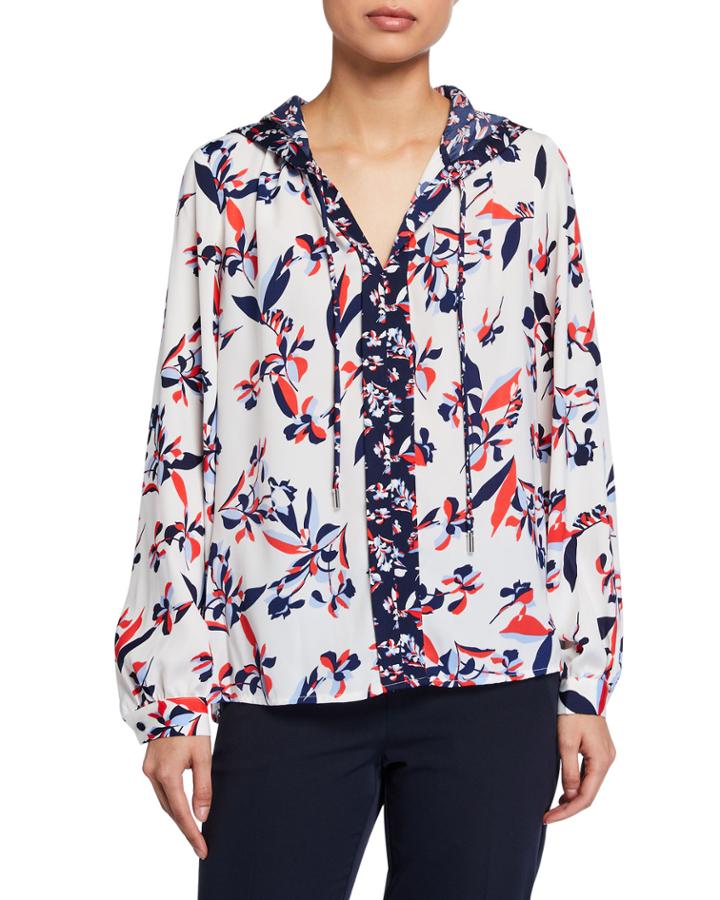 Printed Hooded Long-sleeve Blouse
