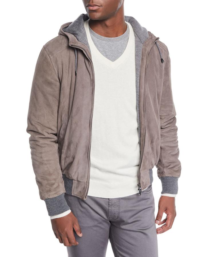 Men's Suede Hooded Bomber Jacket