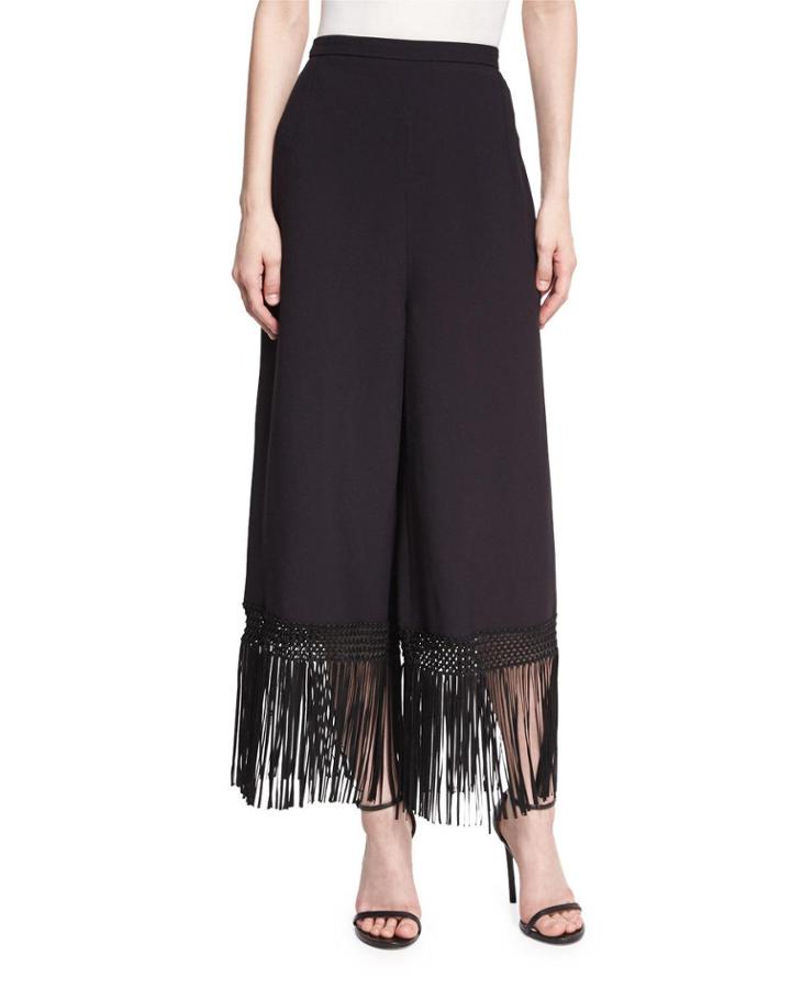 Fringed Wide-leg Crepe Pants, Black