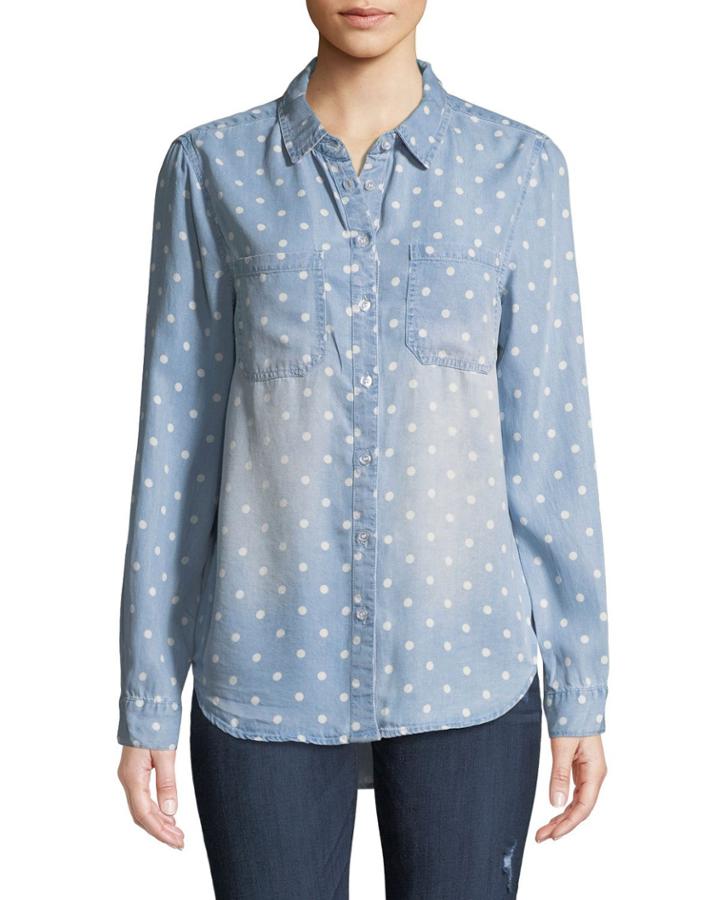 Astro Polka-dot Chambray Button-front Blouse