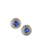 Estate 18k Yellow Gold Diamond & Sapphire Round Earrings, Blue