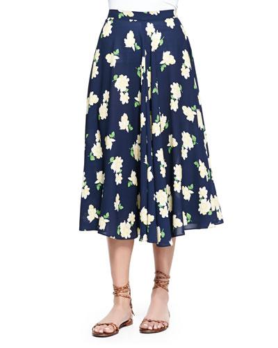 Camellia-print Ruffled Circle Skirt, Indigo/white/yellow
