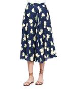 Camellia-print Ruffled Circle Skirt, Indigo/white/yellow