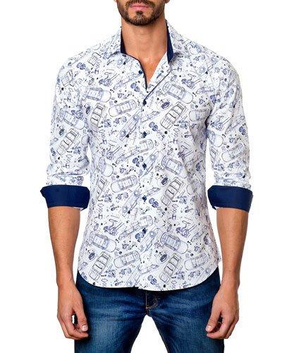Car-print Sport Shirt, White/blue
