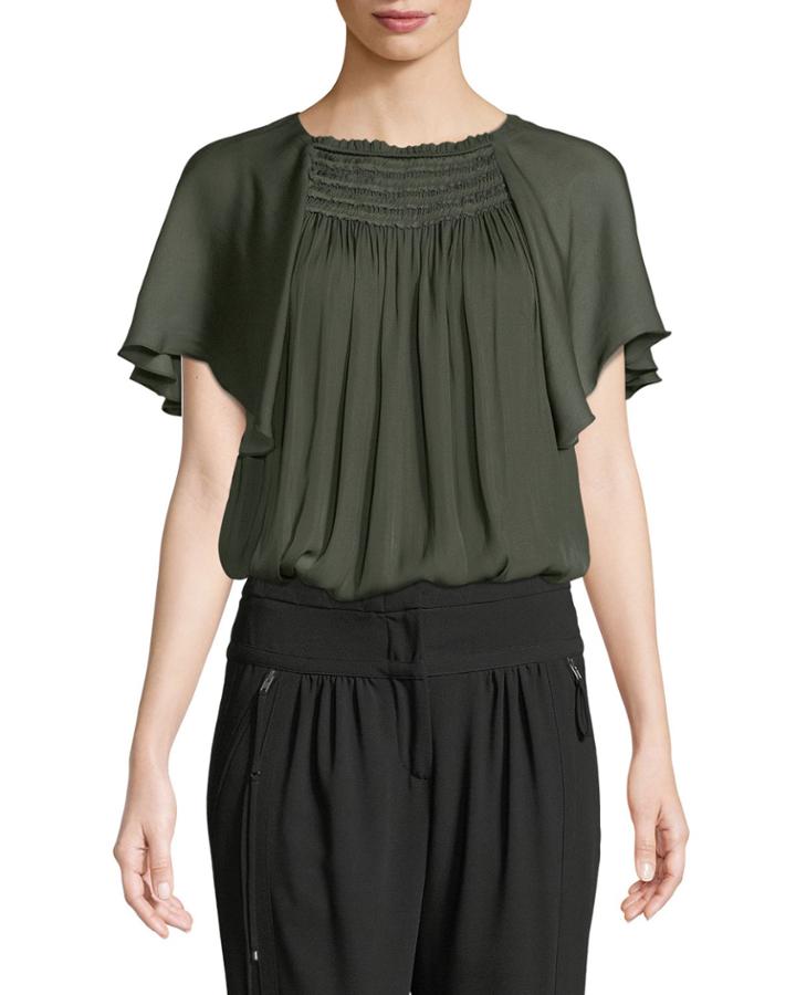 Smocked Flutter-sleeve Blouse